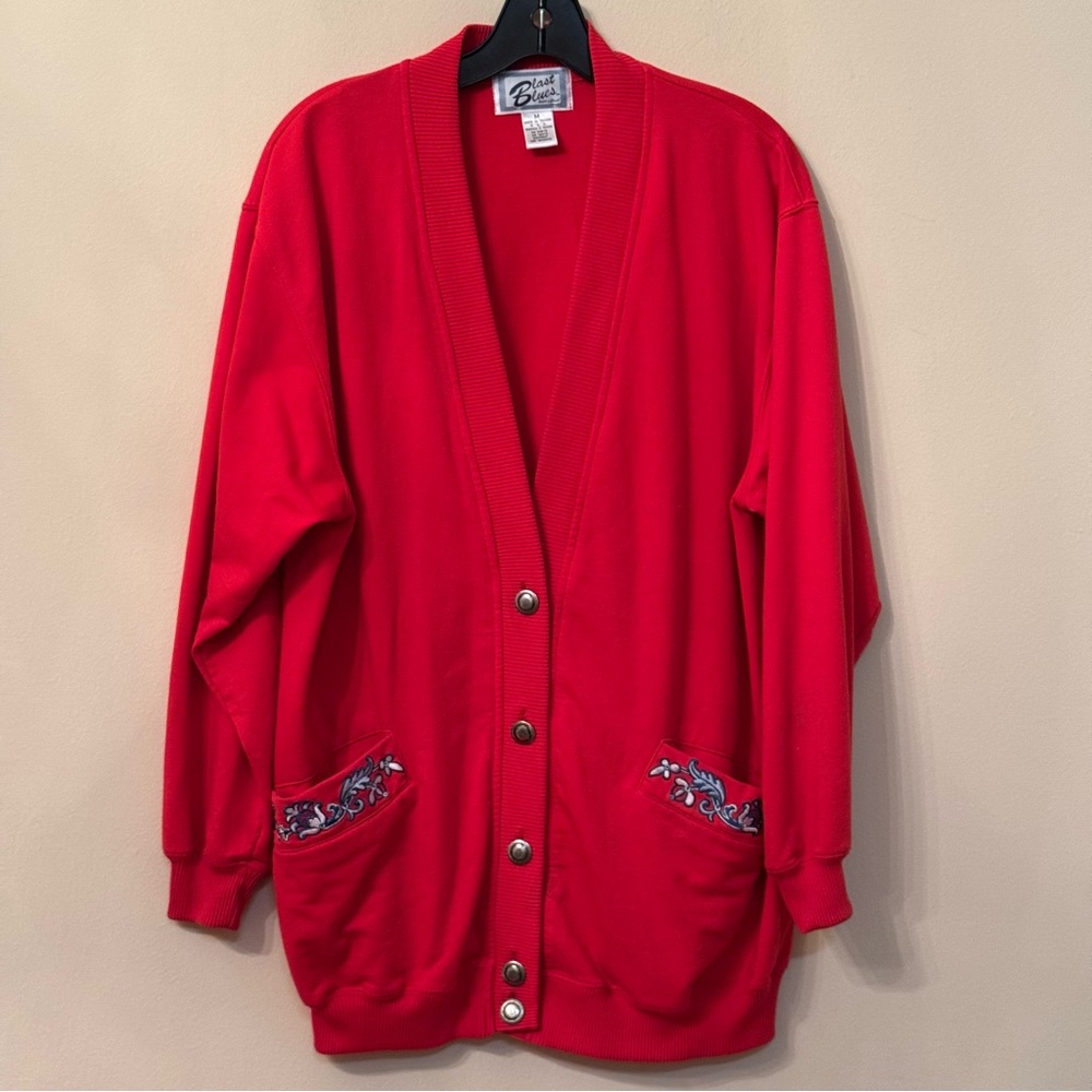 Vintage Blast Blues Red Button Front Long Sweater Granny-core Cardigan Size M